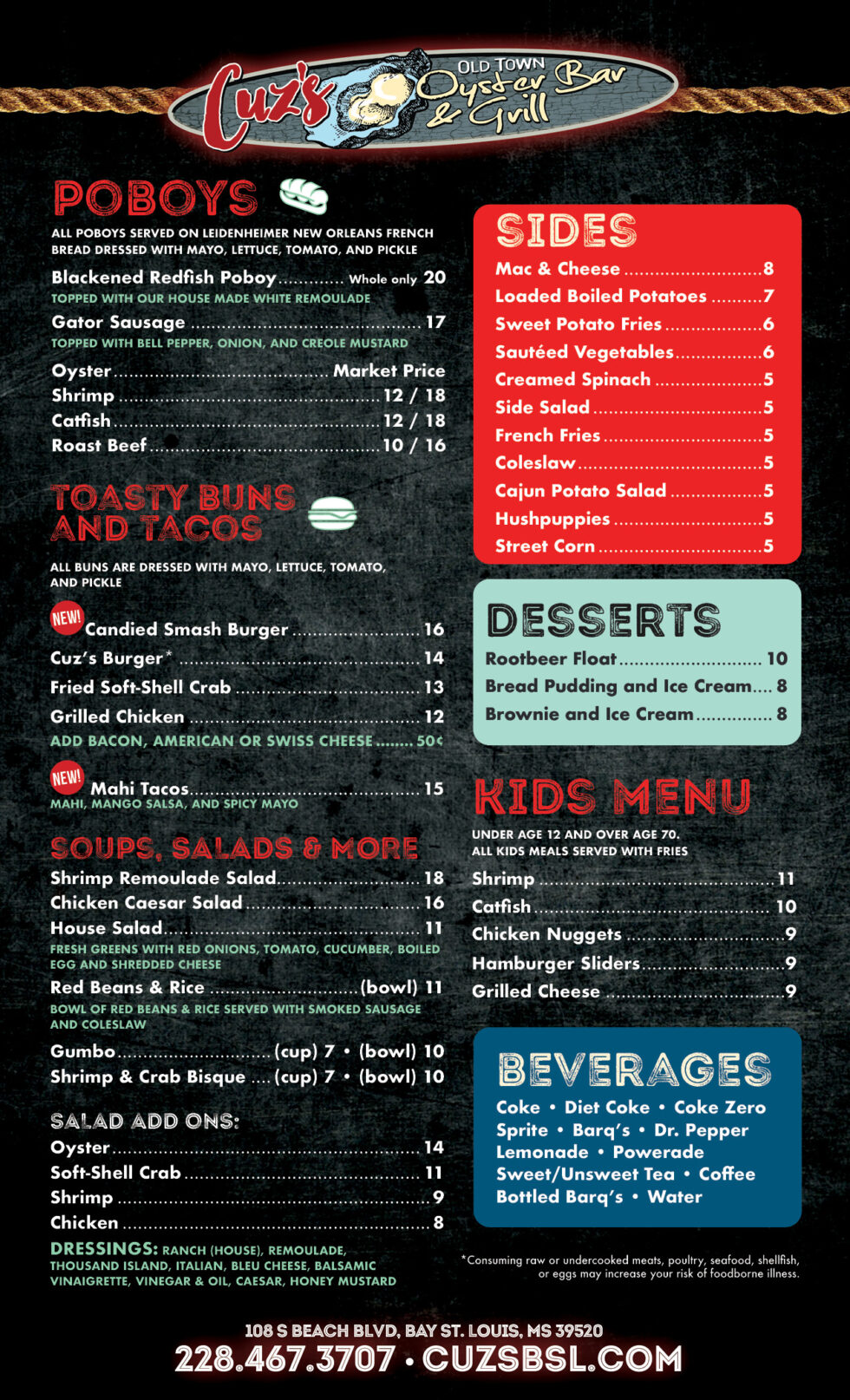 Menu | Cuz's Old Town Oyster Bar & Grill